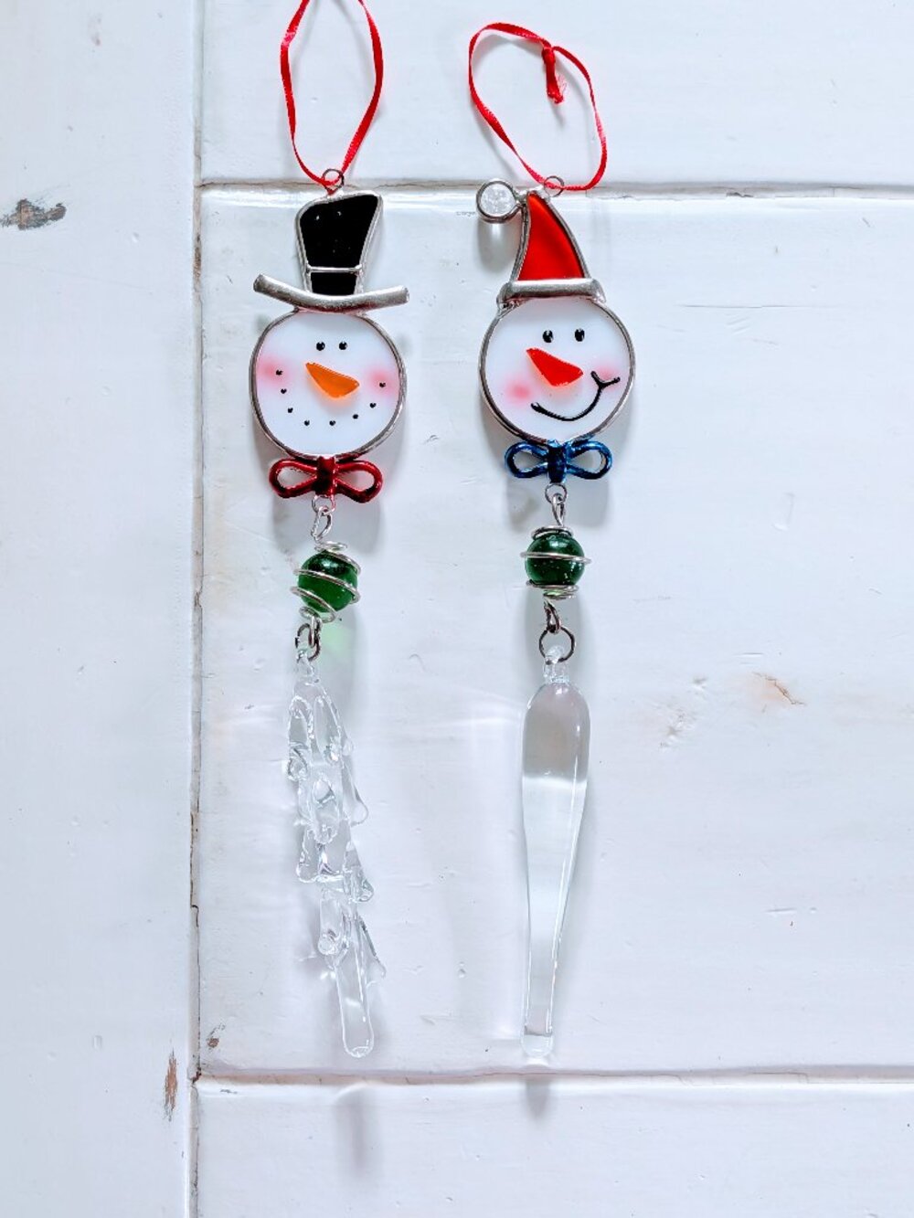 Set of 2 VTG Stained Glass Snowman Icicle Christmas Ornaments Suncatcher 9" Tree